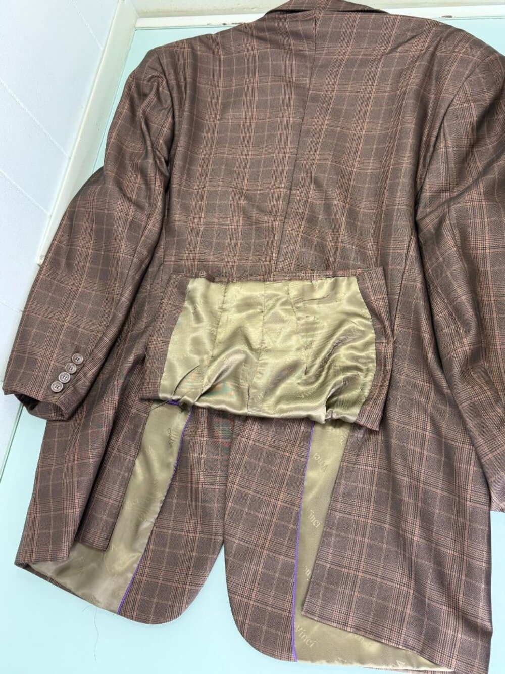 Vinci 3 Piece Suit 50L Blazer 40x30 Pants Vest Brown Plaid 2 Button Double Vent - Picture 5 of 16